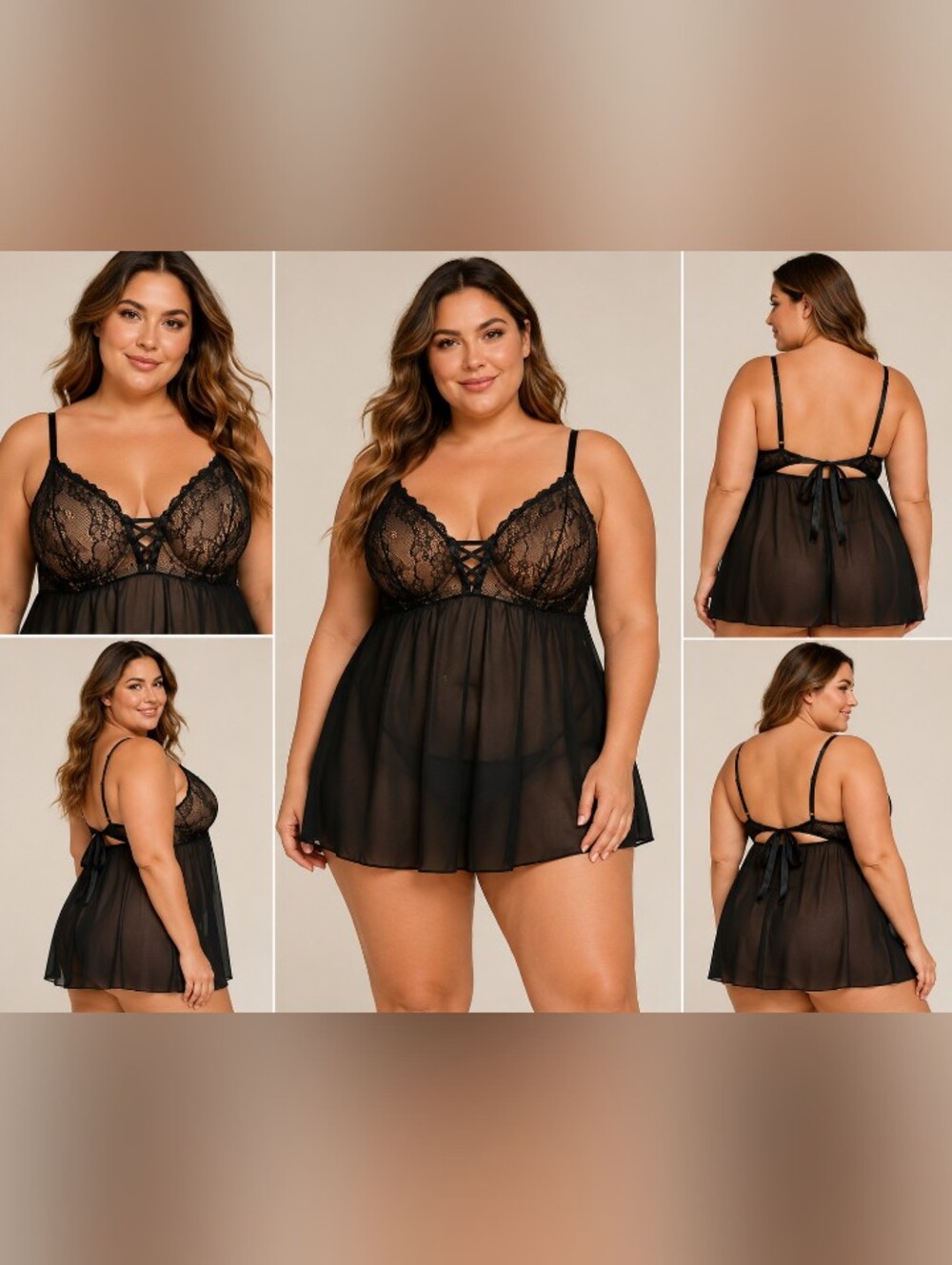 cacique black sheer lace babydoll chemise 22/24 underwire plus size